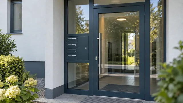 Symbolbild, KI-generiert: Hauseingang eines Mehrfamilienhauses