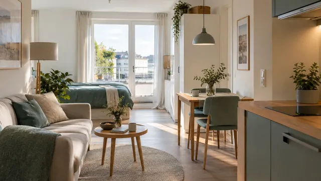 Symbolbild, KI-generiert: Wohnbereich mit Küche und Balkon